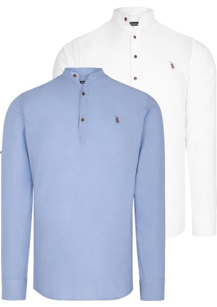 Ikili Set G783 Dewberry Hakim Yaka Gömlek-Beyaz-Mavi