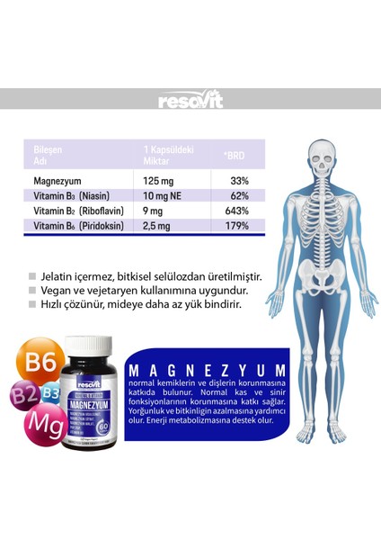 Magnezyum 3'lü Form (Bisglisinat, Malat, Sitrat), Vitamin (B2,B3,B6)-60 Kapsül fiyatları