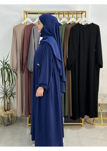 Yandan Büzgülü Elbise Sufle Esarp Takım ( Hac ve Umre Icın Uygundur Indigo modelleri