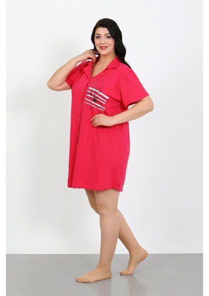 Büyük Beden Penye Düğmeli Fuşya Tunik Gecelik fırsatları