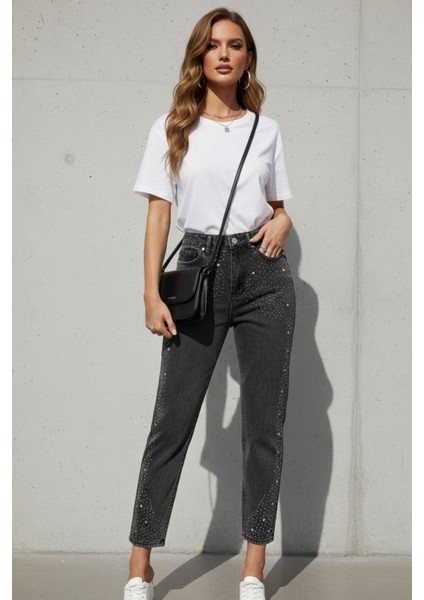 Kadın Yüksek Bel Taşlı-Taş Detaylı Antrasit Mom Jean Pantolon – Şık Denim Kadın Pantolon fırsatları