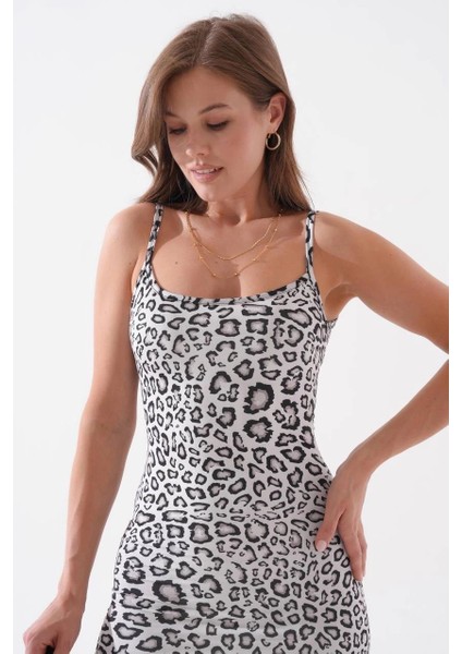 Kadın Siyah Leoparlı Ince Askılı Likralı Elbise S8105