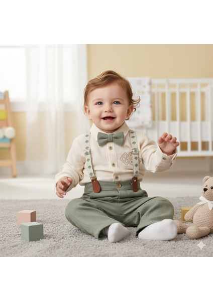 Erkek Bebek Erkek Çocuk 1/4 Yaş Baskılı Uzun Kollu Düğmeli Gömlek Papyonlu Alt Üst Salopet Takım