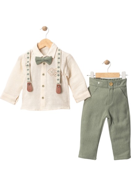 Erkek Bebek Erkek Çocuk 1/4 Yaş Baskılı Uzun Kollu Düğmeli Gömlek Papyonlu Alt Üst Salopet Takım modelleri