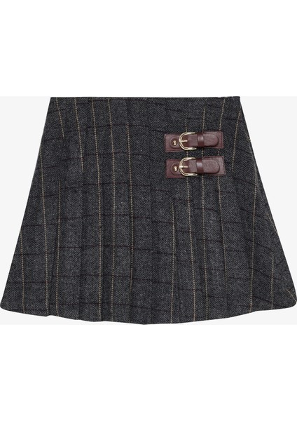 Balıksırtı Kemer Tokalı Pileli Mini Etek Antrasit