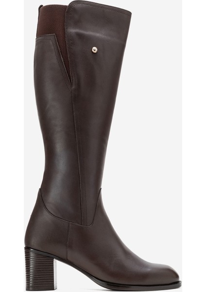 Kadın Streç Lastikli Küt Burun Topuklu Çizme Gerçek Deri Br 88068 Kahverengi