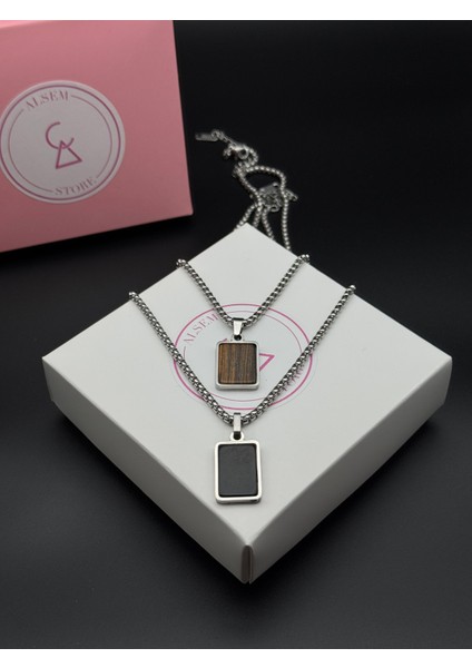 Gümüş Erkek Vintage Kolye , Ahşap Dokulu Plaka Kolye , Paslanmaz Çelik Box Zincir , Erkek Arkadaş indirimleri