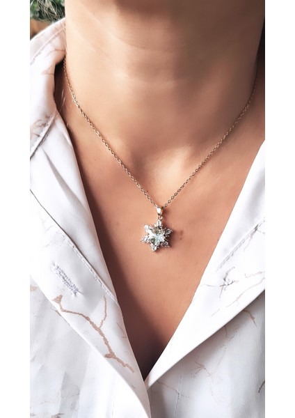 Çevresi Beyaz Zirkon Taşlı Kar Tanesi Çelik Kolye fiyatları