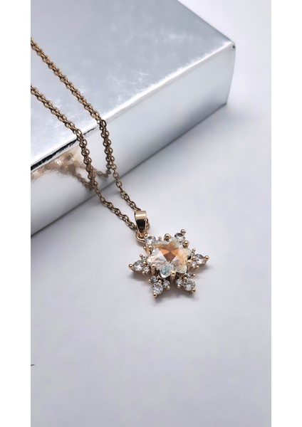 Çevresi Beyaz Zirkon Taşlı Kar Tanesi Çelik Kolye modelleri