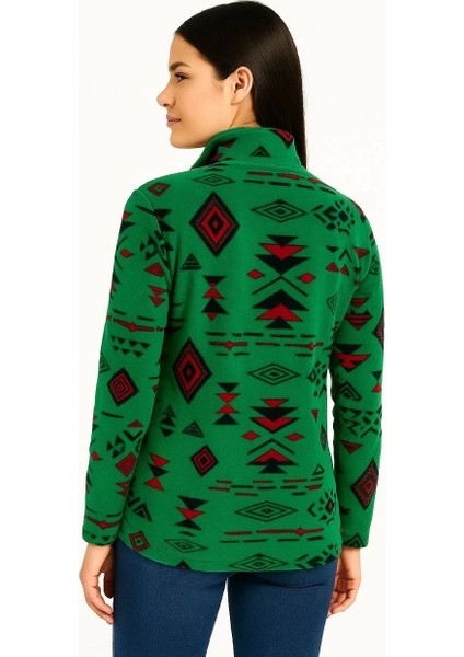 Kadın Yarım Fermuarlı Desenli Polar Sweat Tribal Etnik Desen Yakalı, Uzun Kollu, Oversize Rahat Kalıp - Yeşil fiyatları
