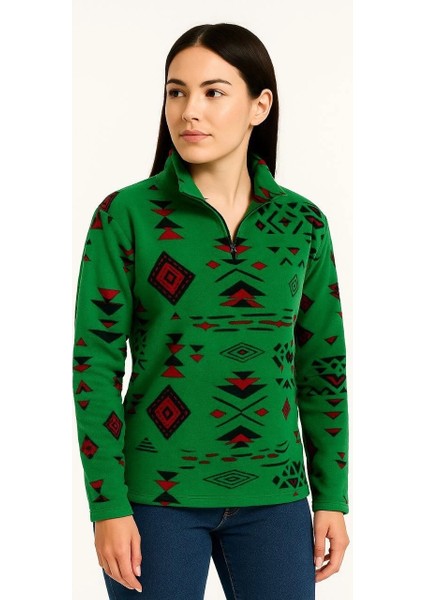 Kadın Yarım Fermuarlı Desenli Polar Sweat Tribal Etnik Desen Yakalı, Uzun Kollu, Oversize Rahat Kalıp - Yeşil modelleri