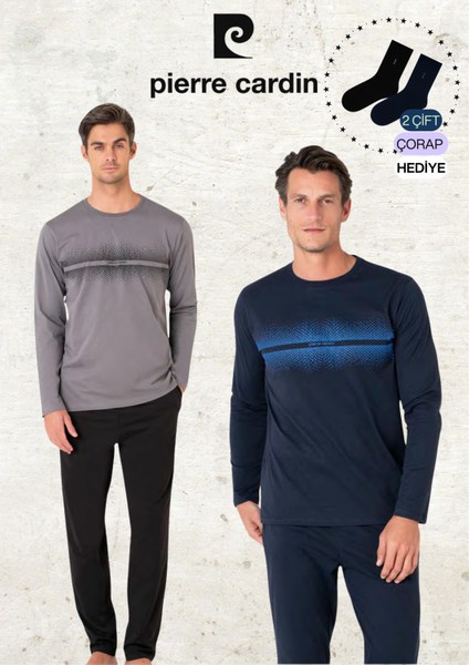 Erkek %100 Pamuk Uzun Kollu Desenli Lacivert & Koyu Gri Iki Adet Pijama Takımı L1.PC.6102.002