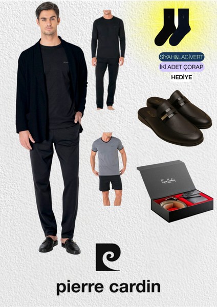 5 Parça Kutulu %100 Pamuk Robdöşambır - Pijama Takımı & Deri Terlik & Hakiki Deri Kemer Cüzdan Set