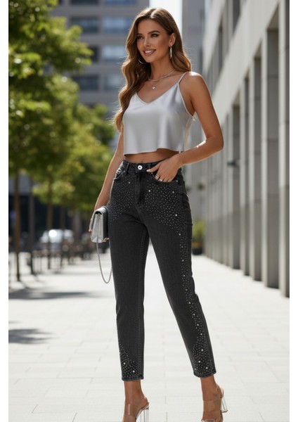 Kadın Yüksek Bel Taşlı-Taş Detaylı Antrasit Mom Jean Pantolon – Şık Denim Kadın Pantolon indirimleri