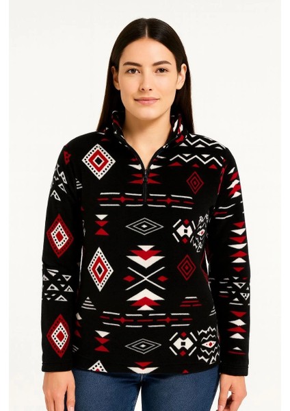 Kadın Yarım Fermuarlı Desenli Polar Sweat Tribal Etnik Desen Yakalı, Uzun Kollu, Oversize Rahat Kalıp - Siyah fiyatları