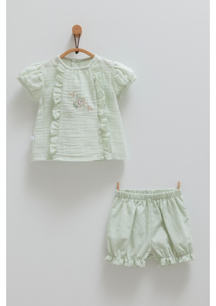 Lıttle Gırl Ön Nakışlı Bluz Şort Takım Yeşil