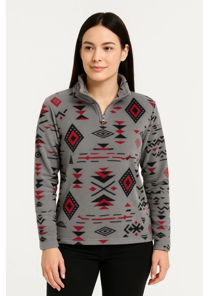 Kadın Yarım Fermuarlı Desenli Polar Sweat Tribal Etnik Desen Yakalı, Uzun Kollu, Oversize Rahat Kalıp - Füme