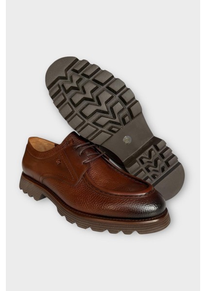 Erkek Hakiki Deri Bağcıklı Kalın Taban Ayakkabı Kahverengi