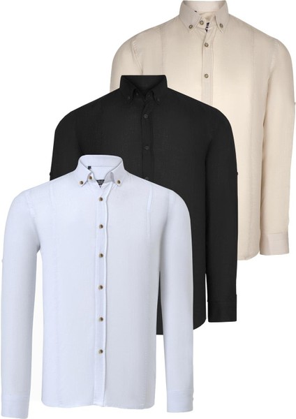 Üçlü Set G721 Dewberry Erkek Gömlek-Siyah-Beyaz-Bej