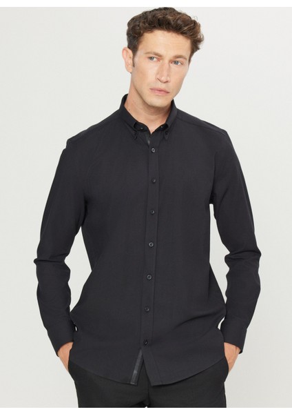 Slim Fit Düğmeli Yaka Siyah Erkek Gömlek ACE020261467_SYH