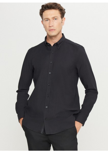 Slim Fit Düğmeli Yaka Siyah Erkek Gömlek ACE020261467_SYH modelleri