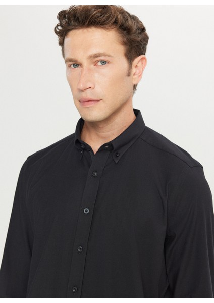 Slim Fit Düğmeli Yaka Siyah Erkek Gömlek ACE020261467_SYH fırsatları