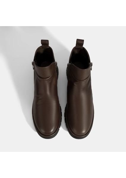 Kadın Kahve Fermuarlı Deri Bot