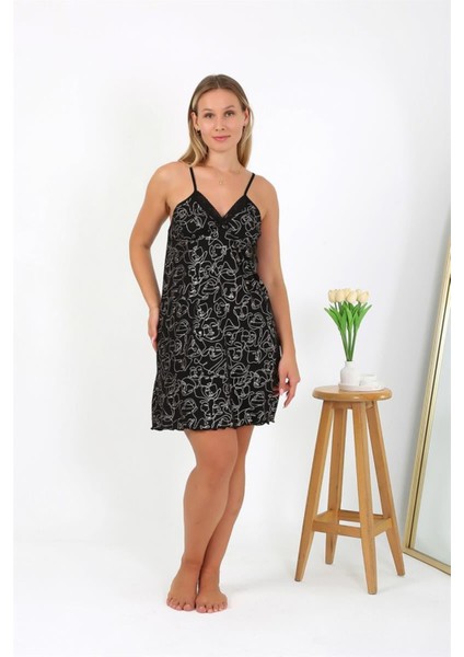 Kadın Büyük Beden Ip Askılı Gecelik Siyah NS98510