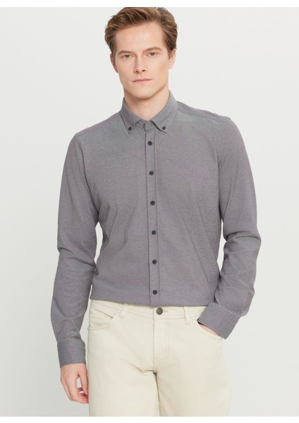 Slim Fit Düğmeli Yaka Gri Erkek Gömlek ACE020261468_GRI
