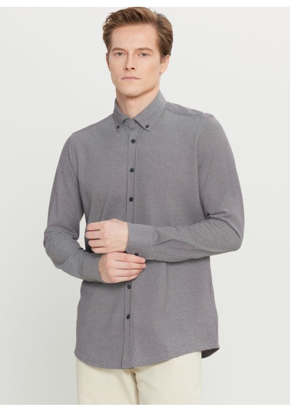 Slim Fit Düğmeli Yaka Gri Erkek Gömlek ACE020261468_GRI modelleri
