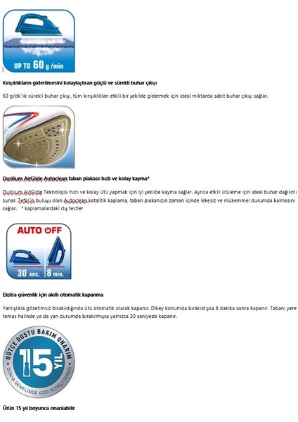 Durilium Airglide Autoclean Tabanlı Ultimate Pure 3200 W Güç, 260 G/ Dk Şok Buhar, Micro-Calc Kireç Filtre + Kumaş Hav&yün Temizleyici modelleri