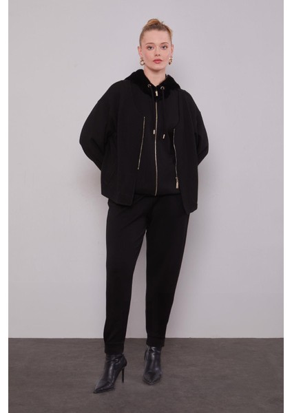 Siyah Peluş Şapkalı Ikili Takım