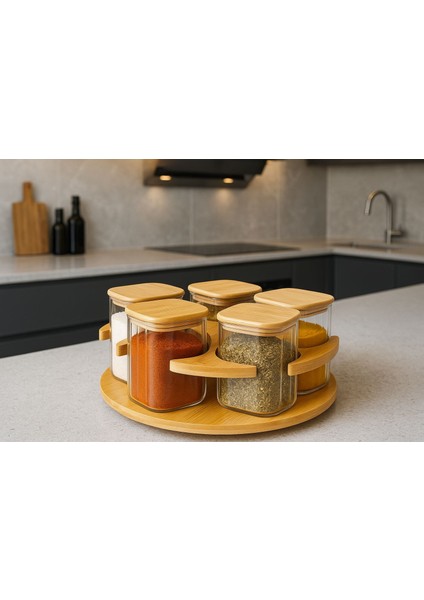 5'li Bambu Dönen Stantlı Kare Cam Baharatlık Seti Baharat Kaşıklı Çeyiz ve Mutfak Seti 400 ml