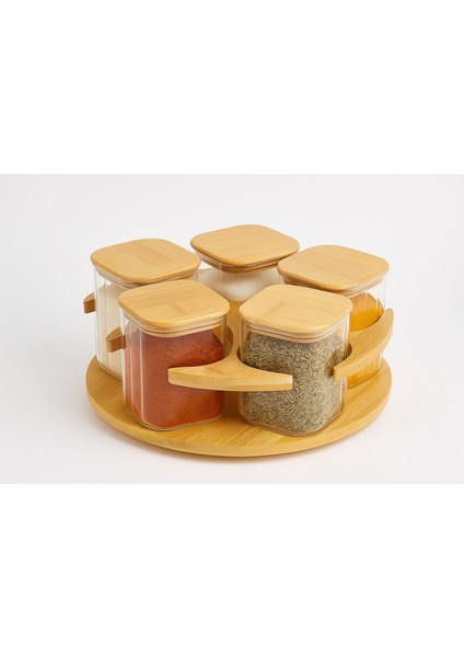 5'li Bambu Dönen Stantlı Kare Cam Baharatlık Seti Baharat Kaşıklı Çeyiz ve Mutfak Seti 400 ml fiyatları
