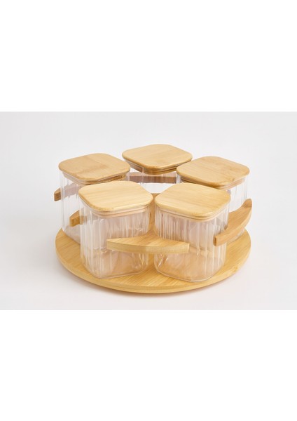 5'li Bambu Dönen Stantlı Kare Cam Baharatlık Seti Baharat Kaşıklı Çeyiz ve Mutfak Seti 400 ml modelleri