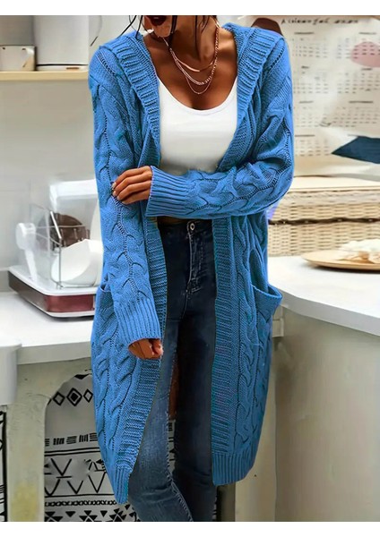 Kadın Uzun Kollu Kapşonlu Önü Açık Cepli Midi Hırka