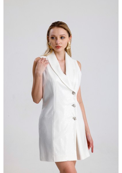 Astarlı Pulpayet Ceket Yakalı Kruvaze Abiye Ceket Elbise | ELB36091 Beyaz