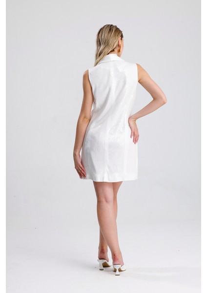 Astarlı Pulpayet Ceket Yakalı Kruvaze Abiye Ceket Elbise | ELB36091 Beyaz