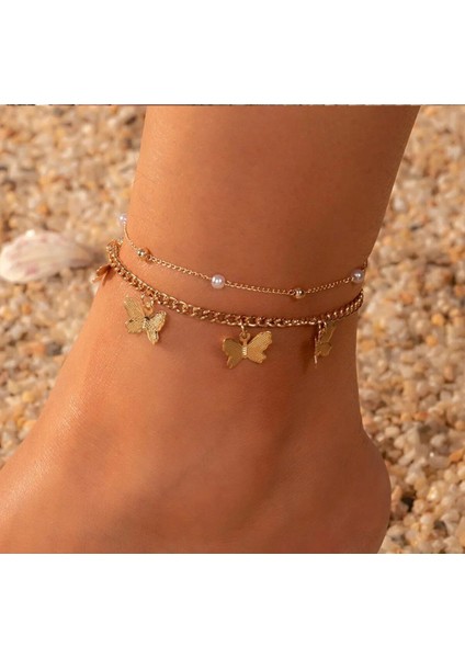 2'li Altın Renk Inci Zincir Kelebek Model Kadın Halhal Seti