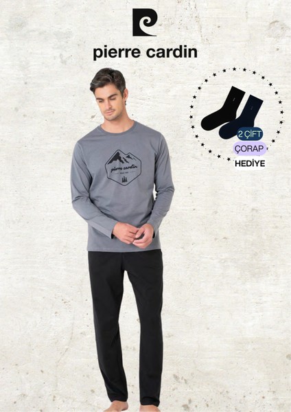 Erkek %100 Pamuk Uzun Kollu Desenli Koyu Gri Pijama Takımı (2 Adet Hediye Çorap) L1.PC.6097.001