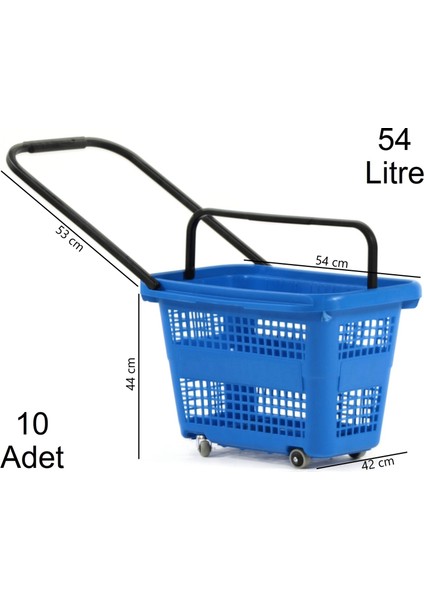 Tekerlekli Plastik Market Alışveriş El Sepeti 54 Litre Mavi 10 Adet