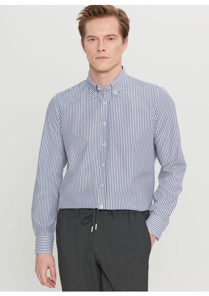 Tailored Fit Düğmeli Yaka Antrasit - Beyaz Erkek Gömlek ACE020261596_BZA