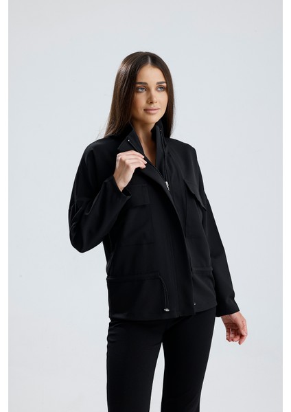 Fermuarlı Üstten Cepli Beli Stoperli Lastikli U.kol Hürrem Ceket Siyah