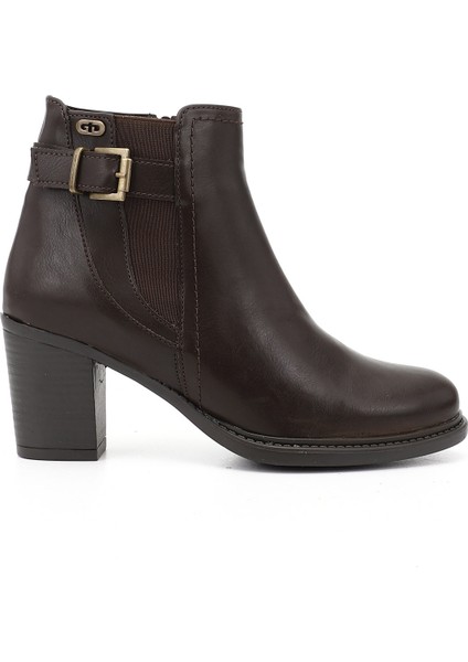 Kadın Kahve Antik Fermuarlı Kalın Topuklu Tokalı Bot