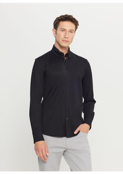 Slim Fit Düğmeli Yaka Siyah Erkek Gömlek ACE020261469_SYH modelleri