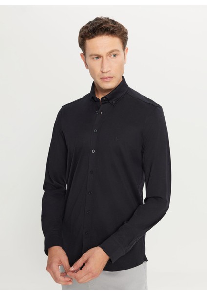 Slim Fit Düğmeli Yaka Siyah Erkek Gömlek ACE020261469_SYH fırsatları