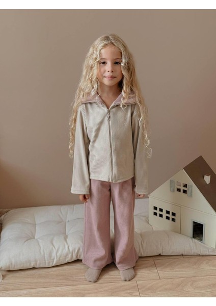 Bej Fermuarlı Ribana Sweat ve Gül Kurusu Pantolon Kız Çocuk Takımı 6007 indirimleri