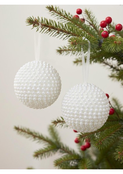 Yılbaşı Topu Inci Kaplama Çam Ağacı Süsü Beyaz 10 cm 2'li