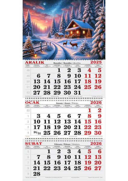 2026 Yılı Gemici Takvimi-Yılbaşı Işıkları, Kar ve Geyikler