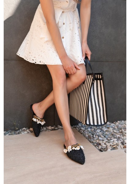 Tyler Kadin Siyah Denızkabuklu Hasir Terlik modelleri